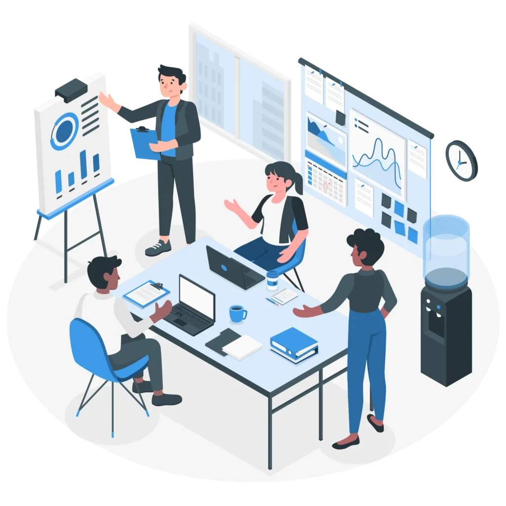 Illustration of a team working on digital marketing strategy, analytics, and website maintenance in Cyprus.