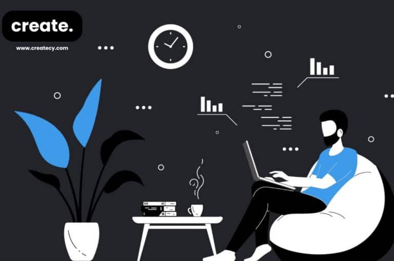 Illustration representing Create, a turnkey digital marketing agency in Cyprus, showing a professional working on a laptop with analytics icons and the Create logo.
