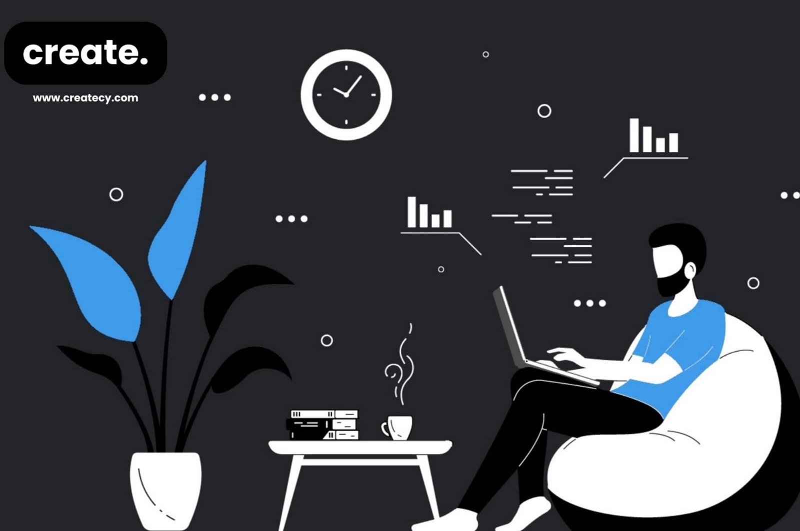 Illustration representing Create, a turnkey digital marketing agency in Cyprus, showing a professional working on a laptop with analytics icons and the Create logo.