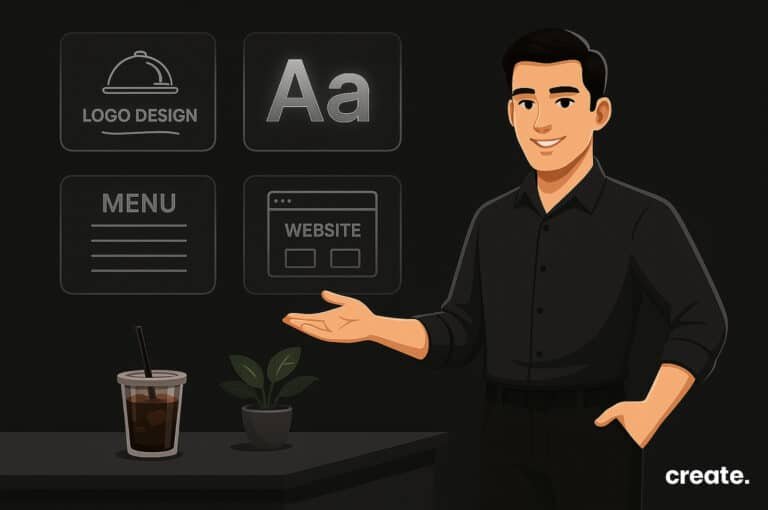Create Digital Marketing team developing restaurant branding in Cyprus with floating panels showing logo, menu, and website design concepts