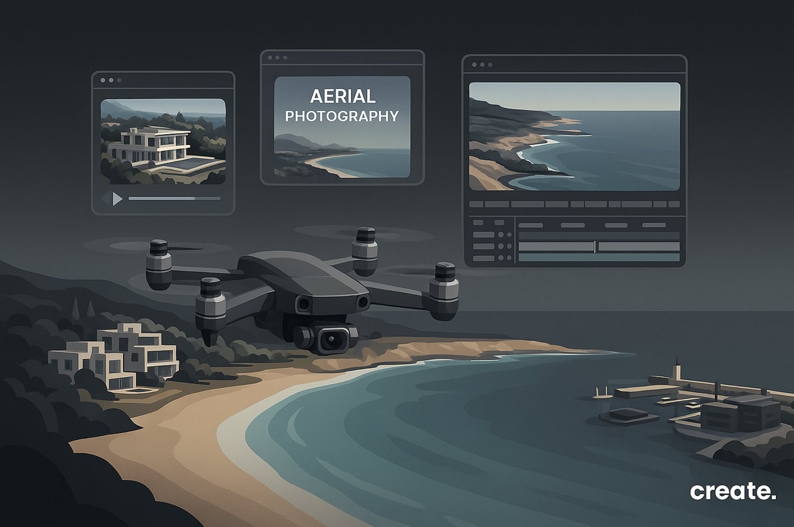 Drone footage in Cyprus showcasing luxury villas, coastline views, and modern property developments captured by Create for real estate marketing.