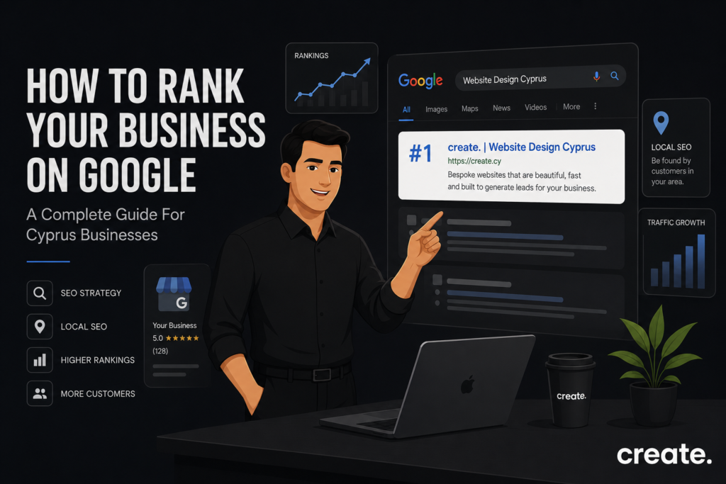 Illustration showing how businesses can improve Google rankings in Cyprus using SEO, local SEO and digital marketing strategies.