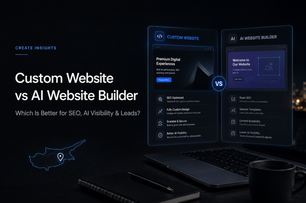 Custom website vs AI website builder comparison for SEO, AI visibility and lead generation in 2026