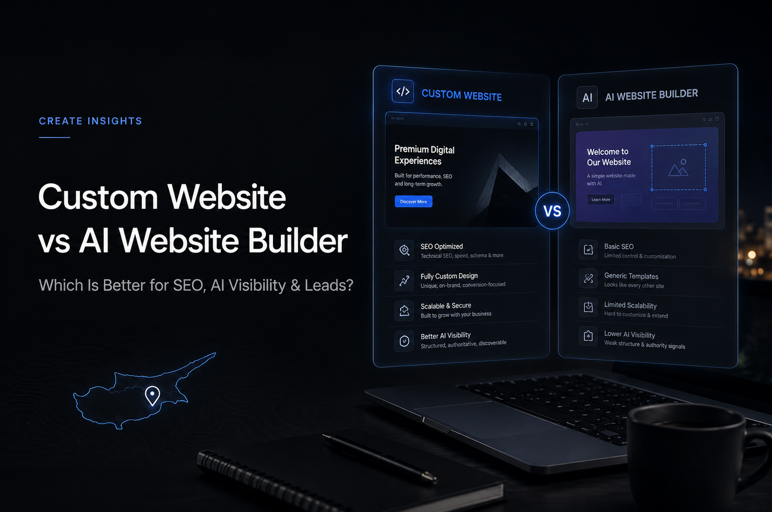 Custom website vs AI website builder comparison for SEO, AI visibility and lead generation in 2026