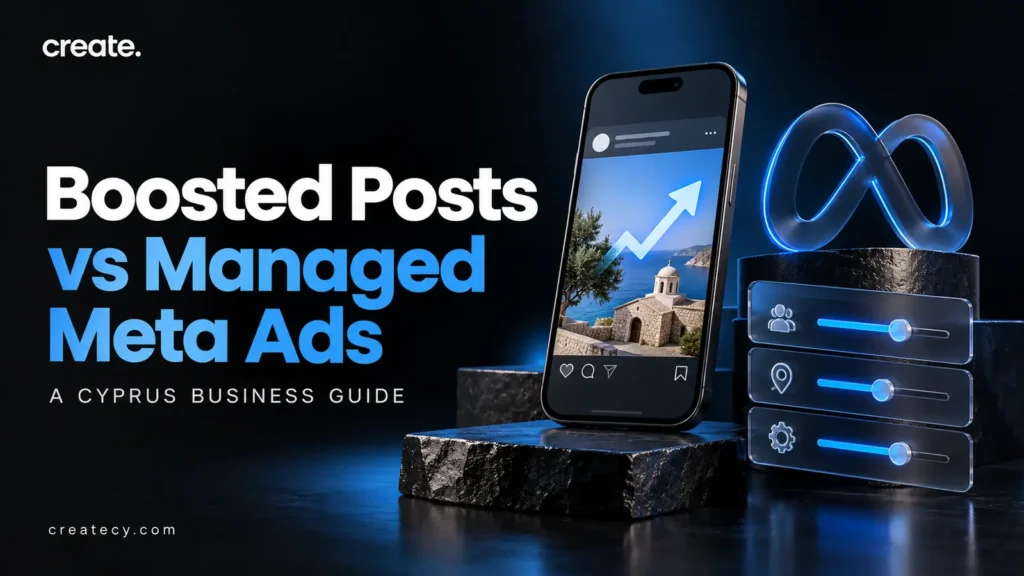Boosted posts versus managed Meta ads cover with a phone and campaign controls