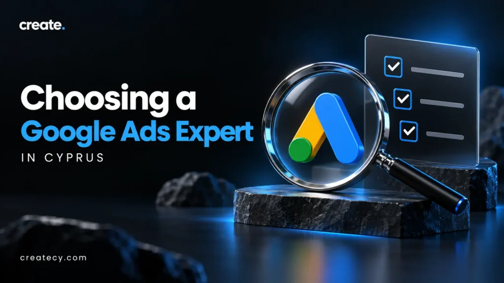 Google Ads expert selection cover with a magnifying glass and checklist