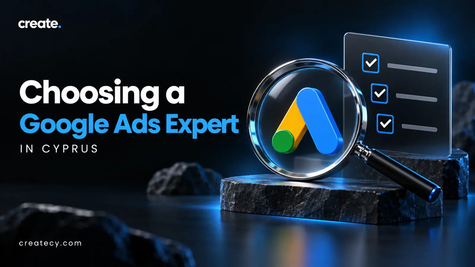 Google Ads expert selection cover with a magnifying glass and checklist