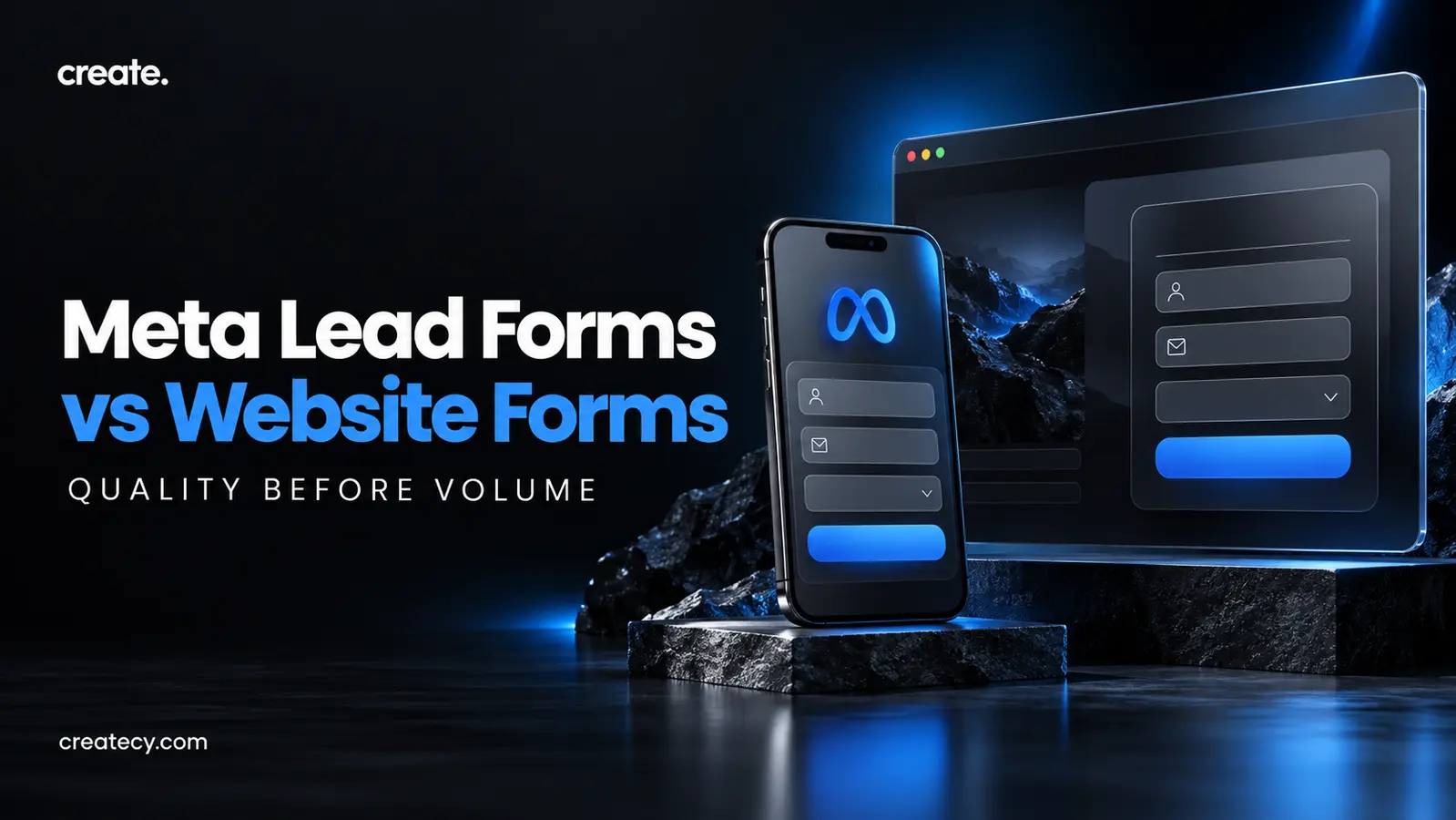 Meta lead forms versus website forms shown on phone and browser panels
