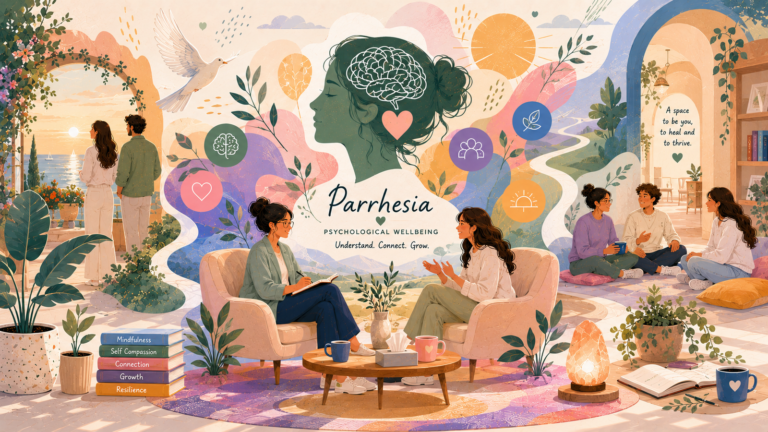Parrhesia psychological wellbeing brand illustration